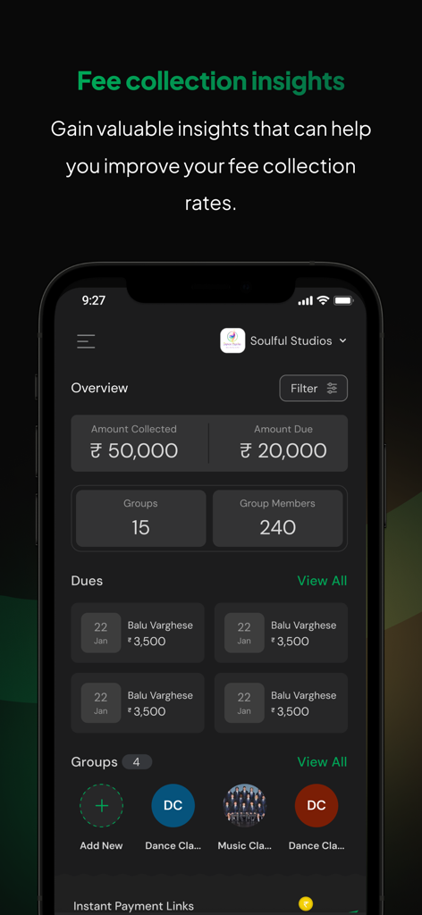 CoFee mobile app dashboard showing fee collection insights including total amount collected and pending dues