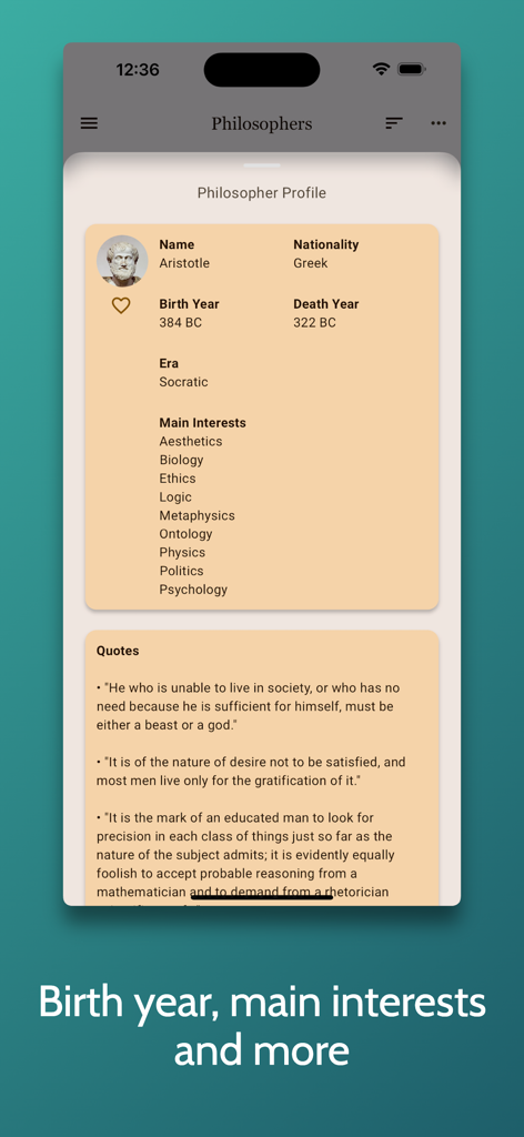 Philosophia - Love of Wisdom - 아리스토텔레스의 철학자 프로필 화면으로, 전기 정보와 유명한 명언이 표시됩니다