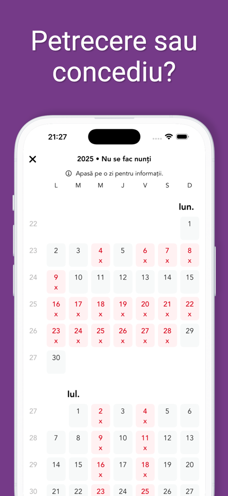 Interfaz de la aplicación que muestra fechas del calendario ortodoxo rumano restringidas para bodas