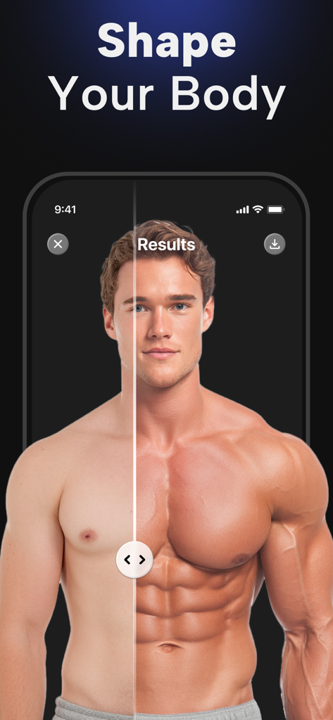 Before and after comparison of a man using the AI body shaping tool to enhance muscle definition