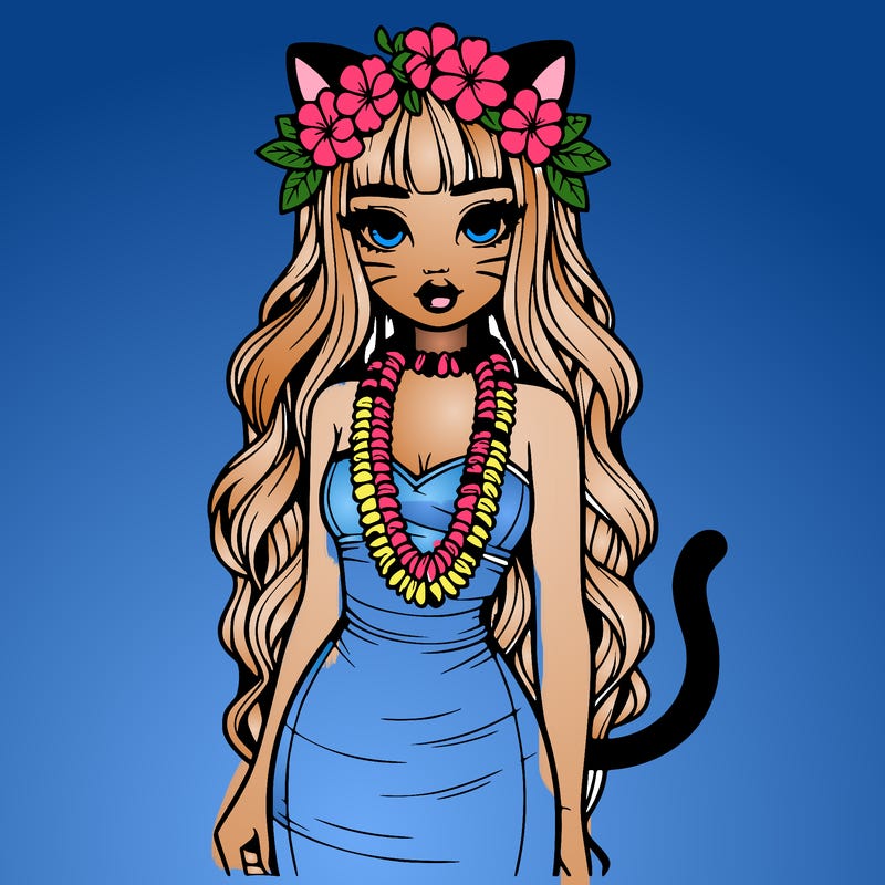 realistic hawaiian girl with haku lei,lips,long dress,cat ears and tail
