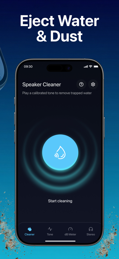 Water Eject - Clean Speaker - Interfaccia dell'app Water Eject che mostra lo strumento di pulizia dell'altoparlante su un iPhone
