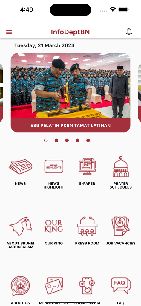 Home screen of InfoDeptBN app with Brunei news updates and service icons
