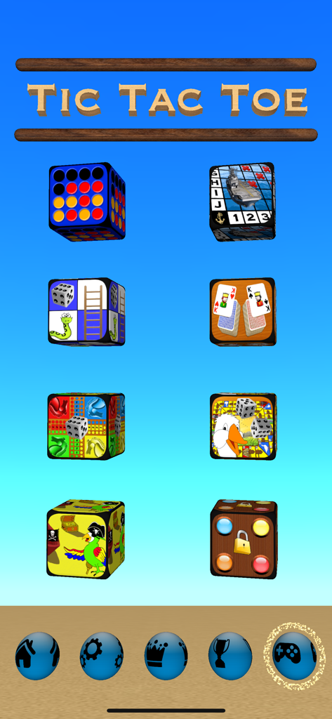 Ein mobiler Spielmenübildschirm für Tic Tac Toe 3D, der verschiedene Spielvarianten auf 3D-Würfeln zeigt, einschließlich klassischer Brettspiele und Kartenspiele.