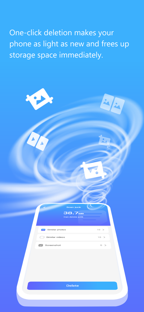 Captura de pantalla de la aplicación Flash Cleaner que muestra una función de eliminación con un clic y un gráfico de tornado que simboliza la rápida limpieza del almacenamiento