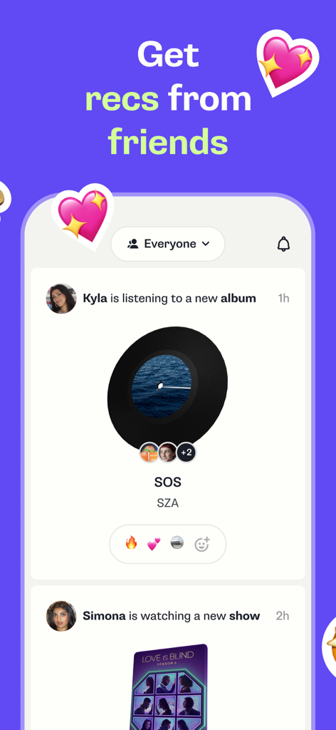 Un feed social en la aplicación Shelf que muestra las actividades musicales y cinematográficas de los amigos, como escuchar a SZA y ver Love is Blind.