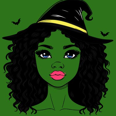 realistic black girl with wavy hair and witch hat and nose and lips