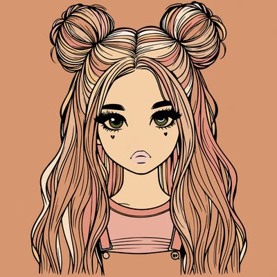 realistic girl with space buns and hair down split