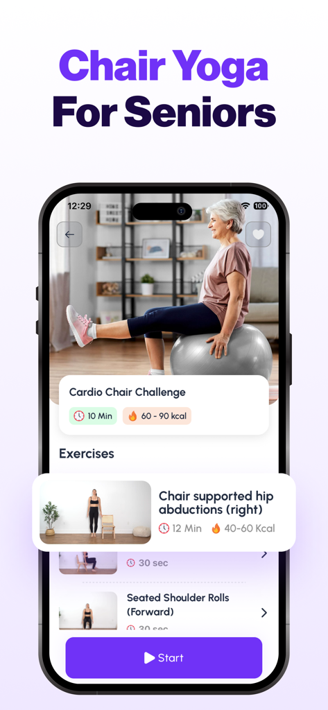 Chair Exercises for Seniors - Chair Yoga for Seniors app interface showing a cardio chair challenge workout with an older woman exercising on a fitness ball