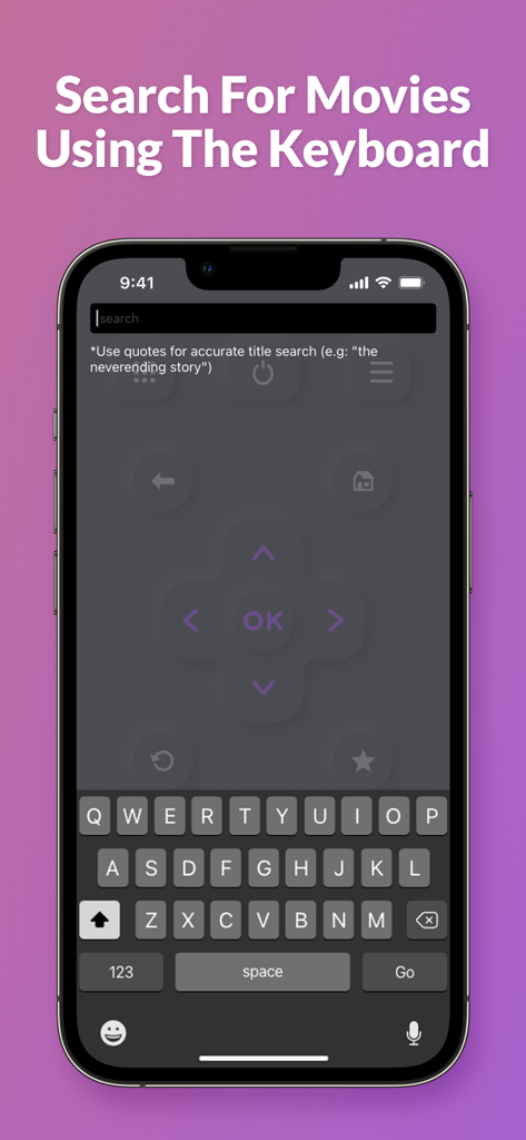 TV Remote ‣ - Interfaz de smartphone de la aplicación Control Remoto TV mostrando la función de búsqueda con teclado para películas