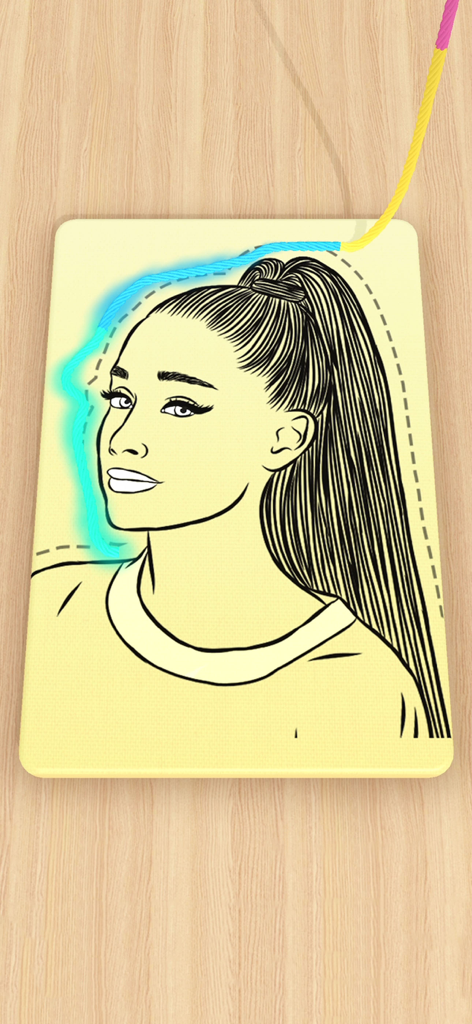 String Pull - A celebrity portrait being created with a glowing string pull effect in a mobile art game