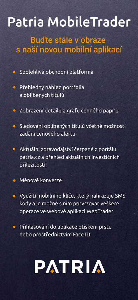 A list of features for the Patria MobileTrader app including portfolio management, trading tools, and biometric security.