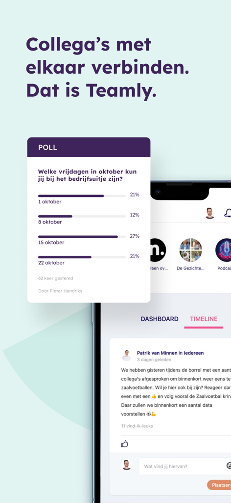 Teamly - Mobile interface of Teamly showing a workplace poll and social feed for team members