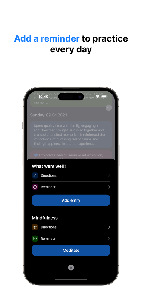 Diary+: Gratitude, Mindfulness - 感謝ジャーナルエントリとマインドフルネス瞑想の毎日のリマインダーを設定するオプションを表示するDiary+アプリのスクリーンショット