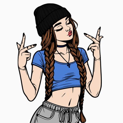 realistic teenage girl with braids and a beanie and crop top doing 🫶🏼