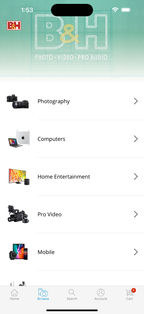 B&H Photo Video app browse screen showing photography and computer categories