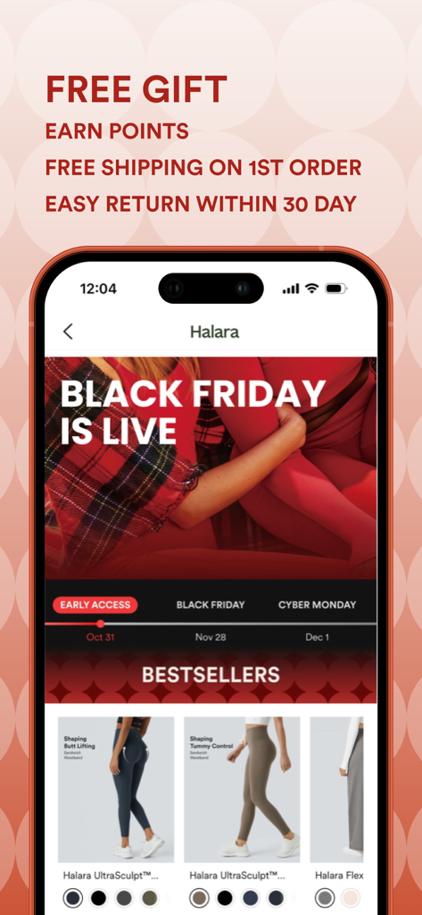 Halara - Halara app interface featuring Black Friday deals and bestseller athleisure products
