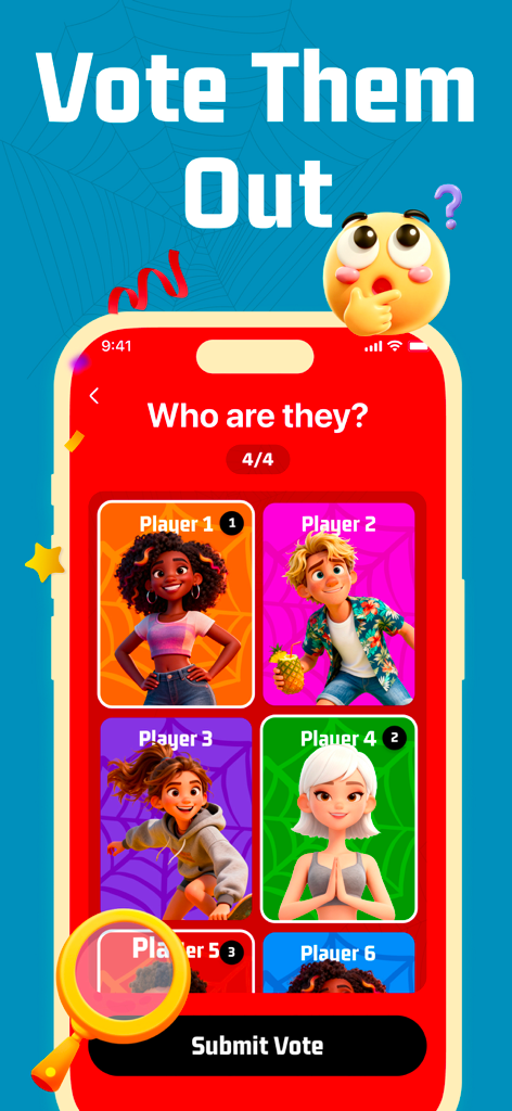 Imposter Spy Game - WhoIsSpy - Una interfaz de votación en la aplicación WhoIsSpy que muestra diferentes avatares de jugadores y un botón para enviar el voto.