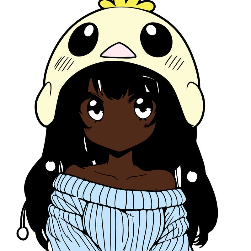 anime girl with chick shaped hat with sweater with bare shoulders with bangs covering them one eye with low tail