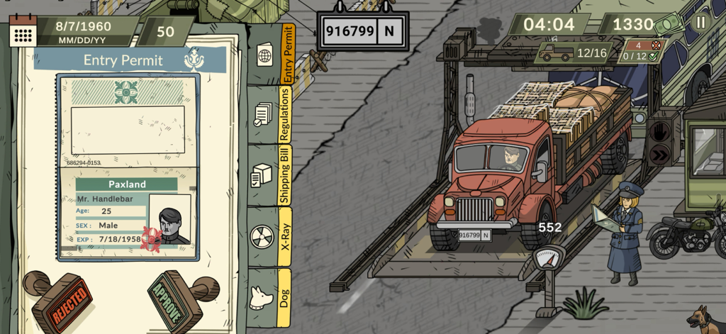 Black Border 2 Lite - Una escena de juego de un simulador de patrulla fronteriza que muestra la revisión de documentos para un permiso de entrada junto con la inspección de un camión en un puesto de control de seguridad