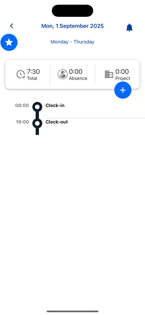 Daily attendance overview in the Worklinq app showing work hours and clock timestamps.