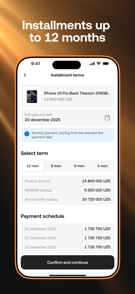 IMANUM mobile app showing 12-month installment terms for an iPhone purchase