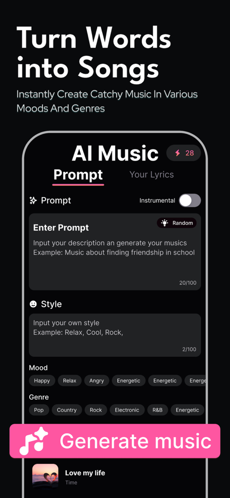 Mobile app interface of AI Songs Music and Melody Maker showing options to enter prompts and select moods or genres to generate music