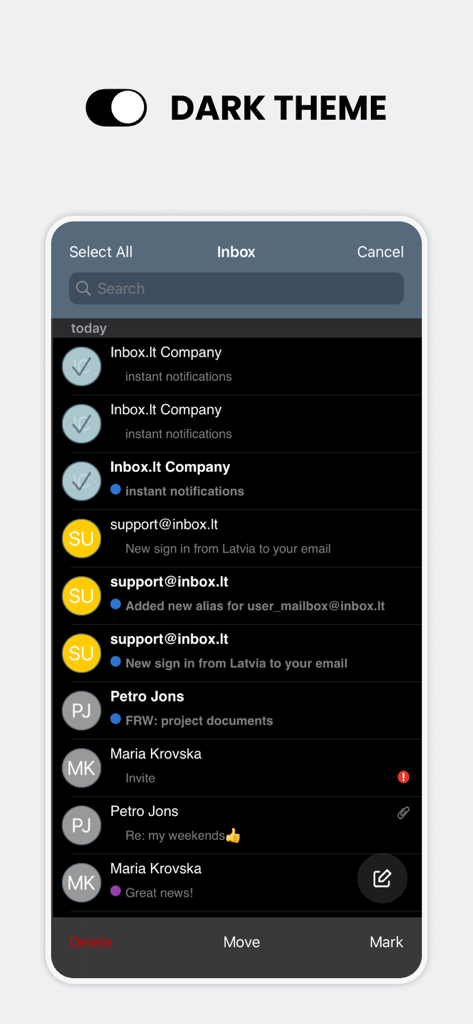 inbox.lt - Inbox.lt app interface showing dark theme mode and email list