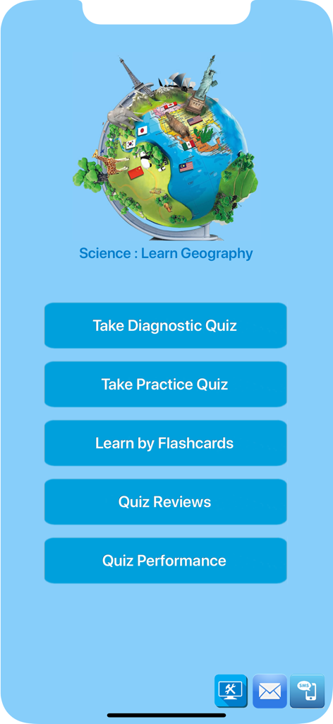 Science : Learn Geography - Science Learn Geography app home screen showing quiz, flashcard, and performance review options.