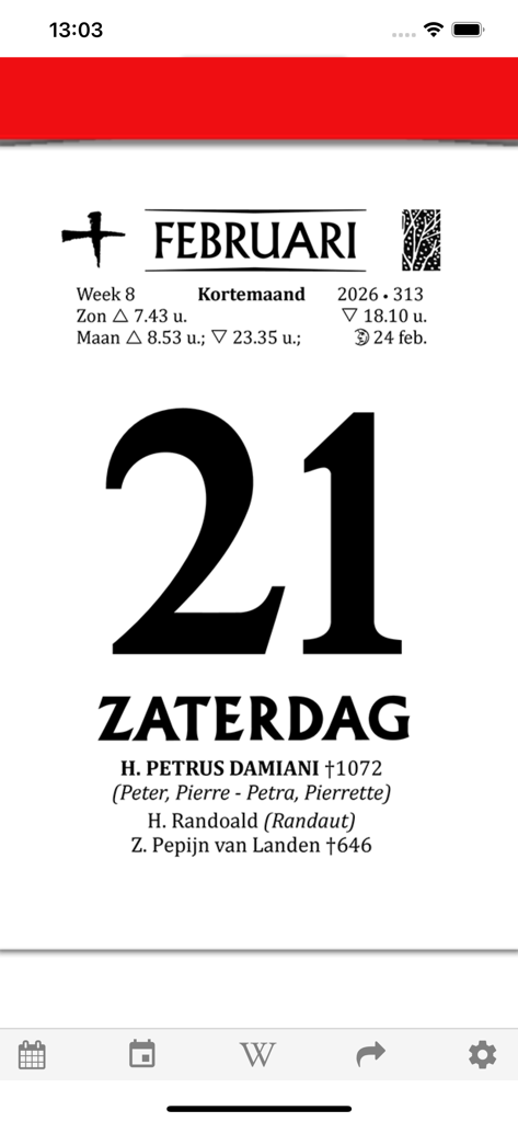 Digitale Druivelaar 2026 app showing a digital tear-off calendar page for February 21st with Flemish cultural details