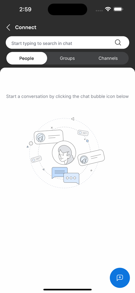 Mobile interface of the OnTheJob app showing the connect and chat section for employees
