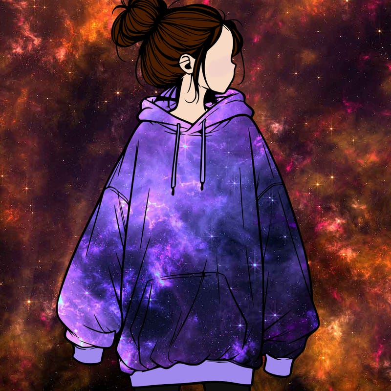 realistic girl with a oversized sweatshirt on and a bun