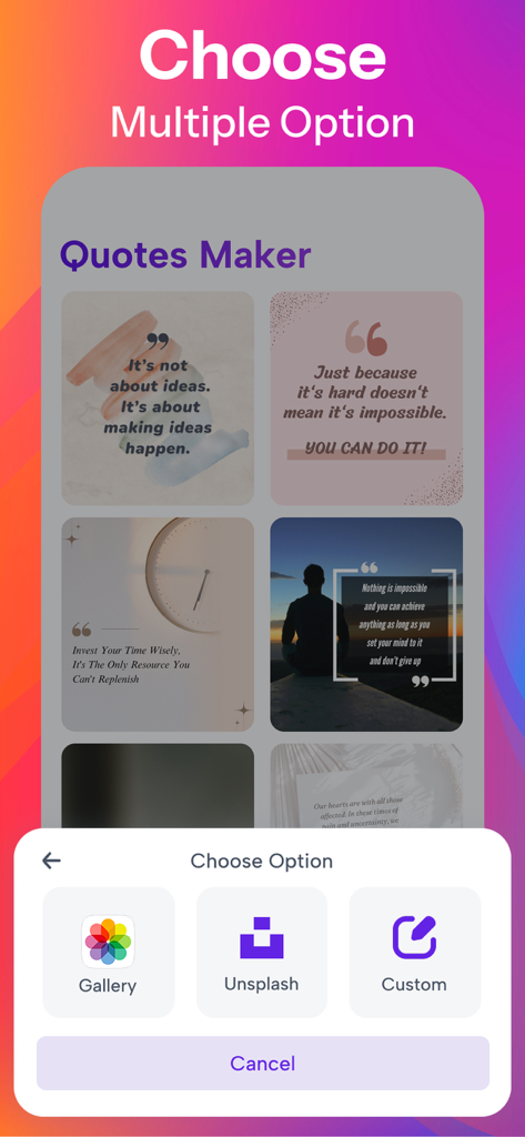 Quotes Creator - Flyer Maker - Quotes Maker app screen showing a menu to choose a background image from Gallery Unsplash or a custom option