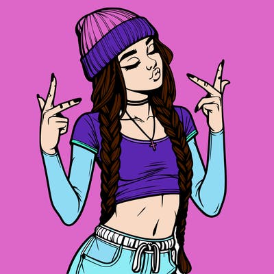 realistic teenage girl with braids and a beanie and crop top doing 🫶🏼