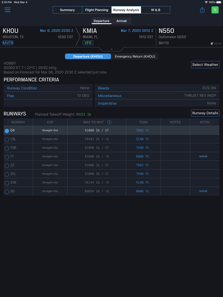 iPreFlight Genesis app runway analysis screen showing performance criteria and weight limits for aircraft takeoff