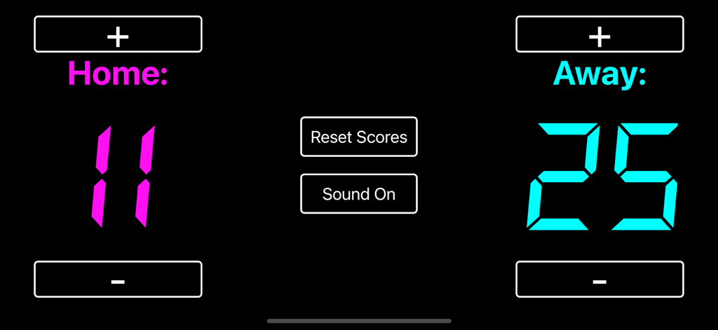 Sports Score Tracker - Digital scoreboard interface showing Home and Away scores with plus and minus adjustment buttons.