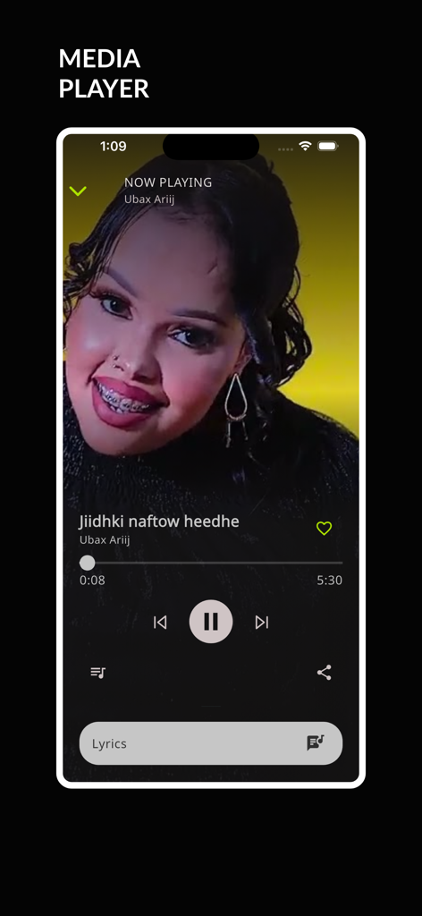 Heesify - Somali Music - Heesify app media player displaying a Somali song and artist