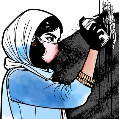 realistic girl with mask spray painting a wall