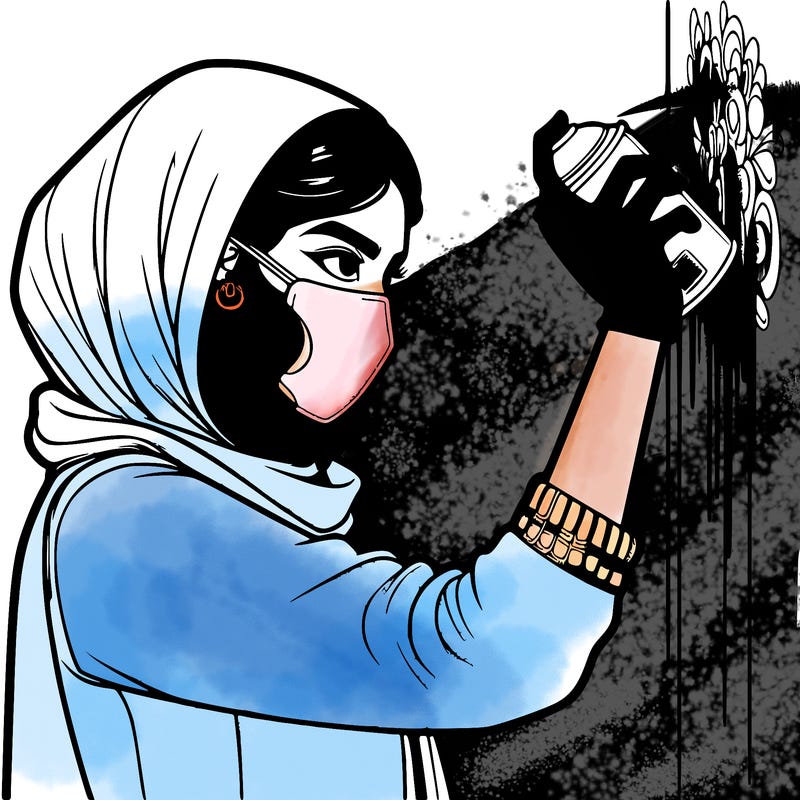 realistic girl with mask spray painting a wall