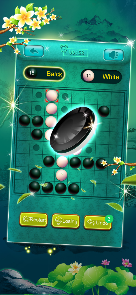 Othello strategy game board with black and white disks on a zen green floral background