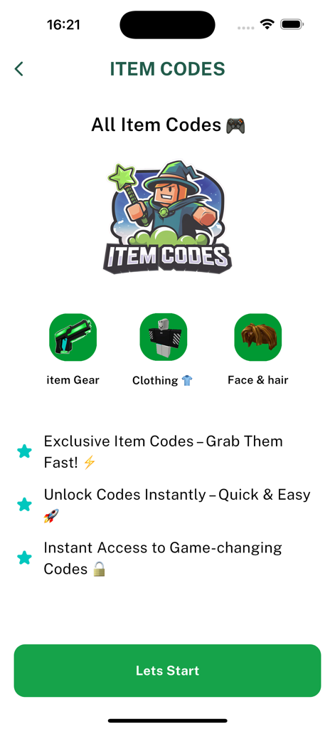 PlayBoost & Codes for Roblox - Pantalla de códigos de artículos de PlayBoost para Roblox que muestra categorías de códigos de artículos para ropa, accesorios y peinados