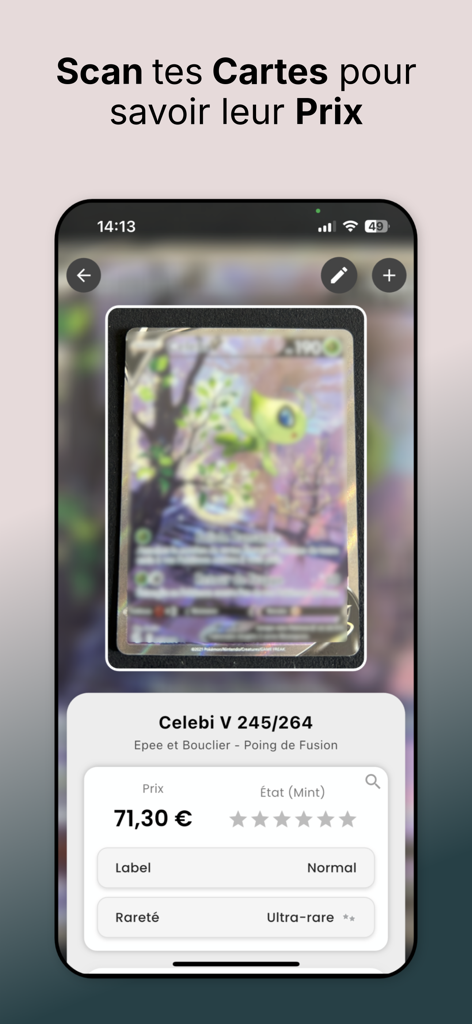 iEstims - Pantalla de smartphone mostrando la interfaz de la app iEstims escaneando una carta Pokémon Celebi V con una estimación de precio de mercado