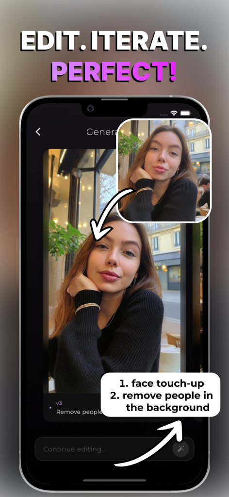 PixieAI - Magic Photo Editor - Una comparación de antes y después de una edición de retrato con IA usando PixieAI que muestra retoque facial y eliminación de personas del fondo.