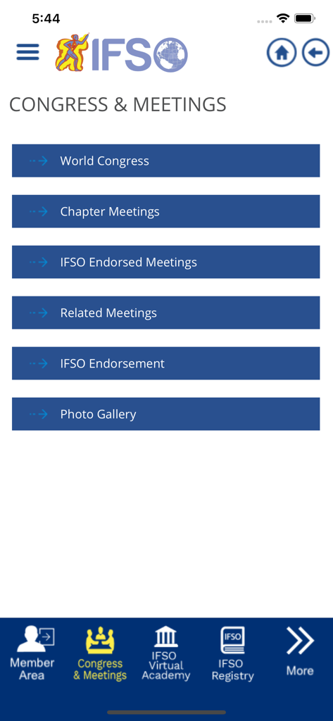 IFSO - IFSO app screen showing the Congress and Meetings menu with list options for World Congress and Chapter Meetings