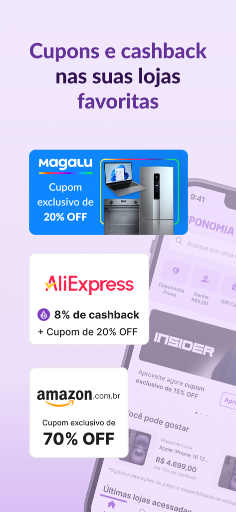 Cuponomia app interface showing discount coupons and cashback percentages for stores like Magalu, AliExpress, and Amazon