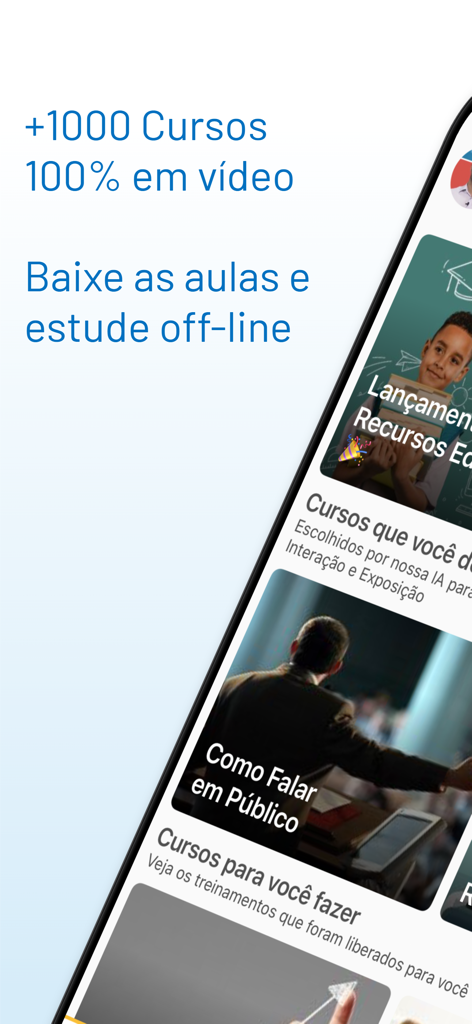 Cursos iPED - Interface do aplicativo Cursos iPED mostrando cursos em vídeo e recurso de estudo offline