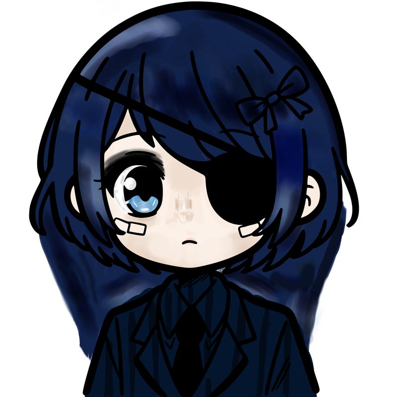 girl with short hair wearing a suit and eyepatch