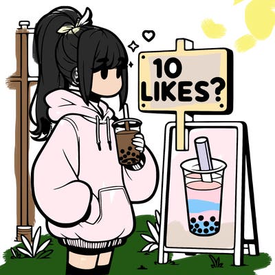 girl with oversized hoodie drinking boba and she has a high ponytail with a sign that says 10likes?