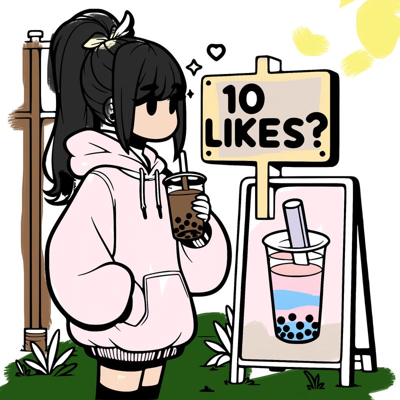 girl with oversized hoodie drinking boba and she has a high ponytail with a sign that says 10likes?