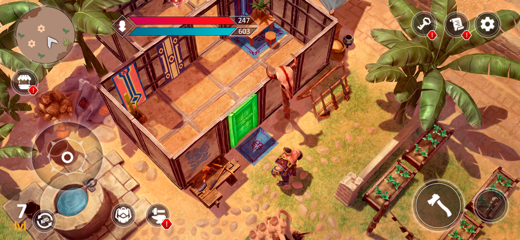 Exile: Wasteland Survival RPG - Top down gameplay view of a character building and managing a survival base in Exile Wasteland Survival RPG